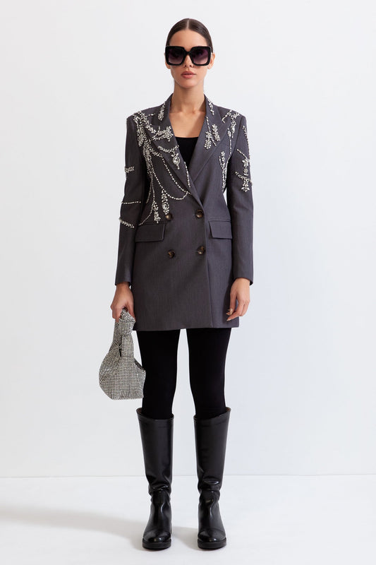 Blazer Longo de Dupla Abotoadura com Joias - Cinza