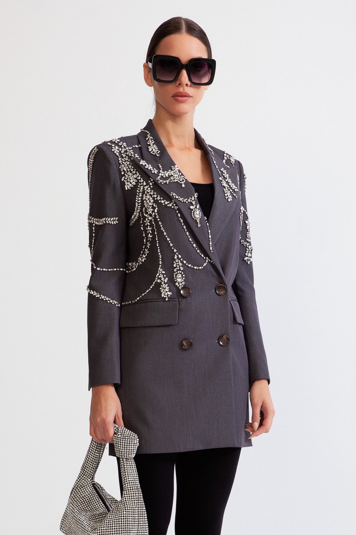 Blazer Longo de Dupla Abotoadura com Joias - Cinza