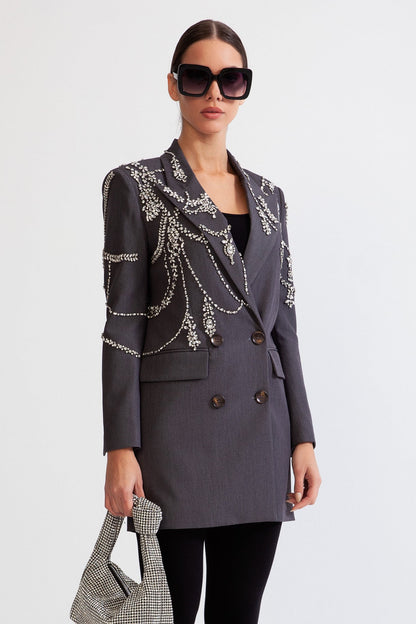 Blazer Longo de Dupla Abotoadura com Joias - Cinza