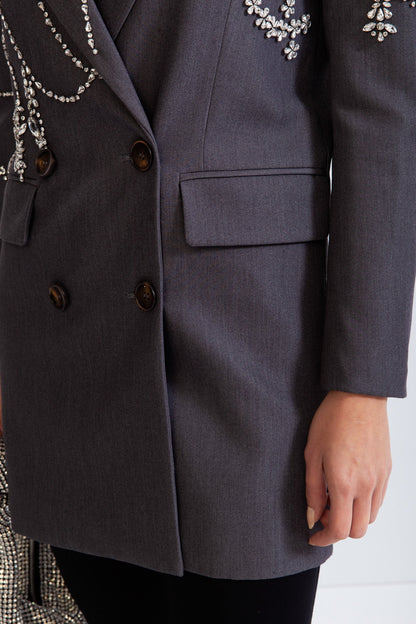 Blazer Longo de Dupla Abotoadura com Joias - Cinza