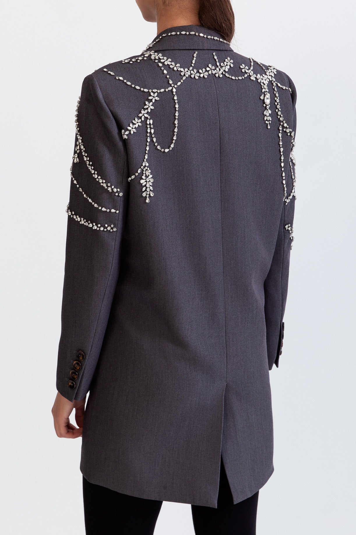 Blazer Longo de Dupla Abotoadura com Joias - Cinza