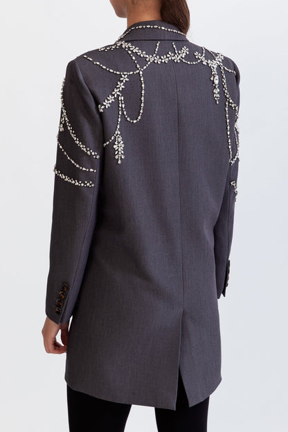 Blazer Longo de Dupla Abotoadura com Joias - Cinza