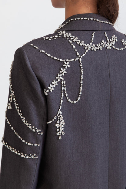 Blazer Longo de Dupla Abotoadura com Joias - Cinza