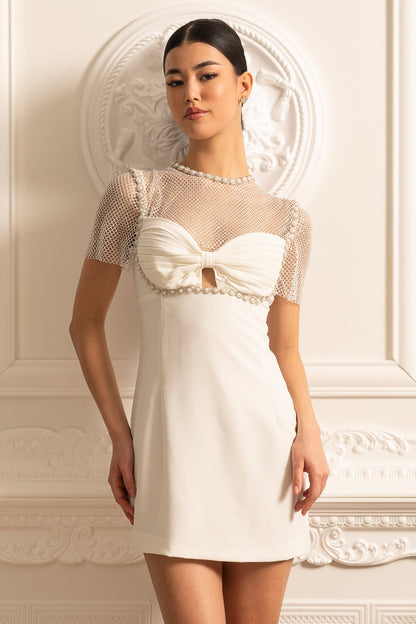 Vestido Mini Elegante Com Top De Rede E Aplicações De Pérolas - Branco