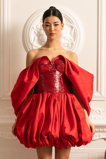Vestido Off-Shoulder Com Saia Volumosa E Mangas Fluidas - Vermelho