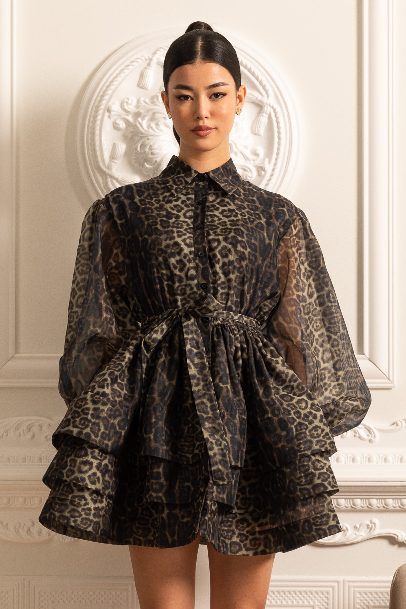 Vestido de Manga Longa com Padrão de Leopardo e Saia em Camadas - Preto
