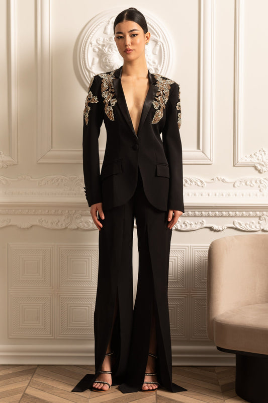 Conjunto Elegante Com Blazer Decorado Com Diamantes E Calças Longas Largas Coordenadas - Preto