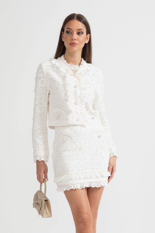 Conjunto Elegante de Duas Peças com Exquisitas Aplicações de Pérolas - Branco