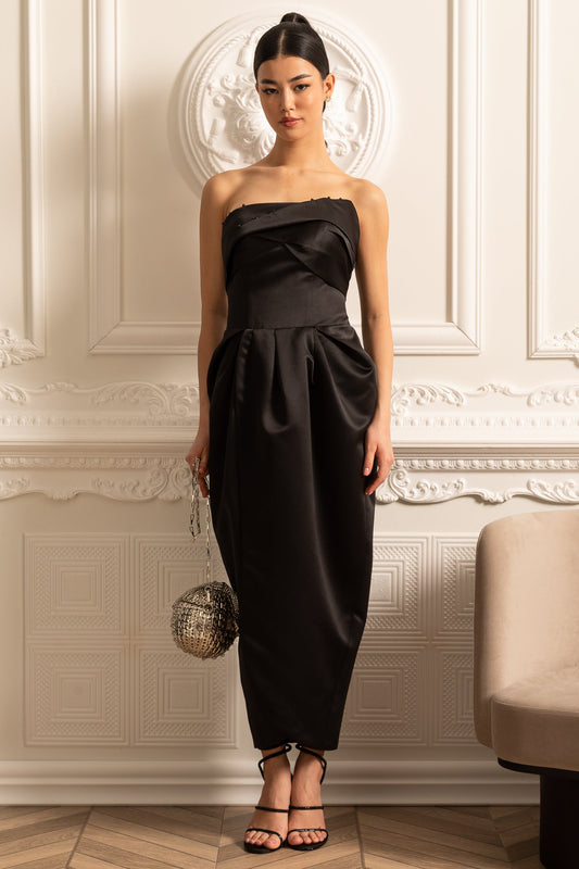 Vestido Midi Sem Alças Com Detalhes Plissados no Peito - Preto