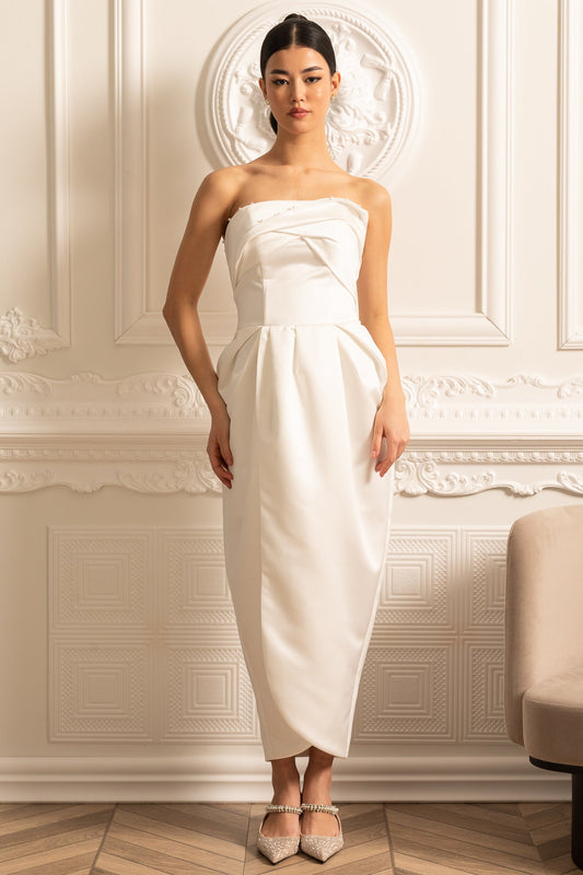 Vestido Midi Sem Alças Com Detalhes Plissados no Peito - Branco