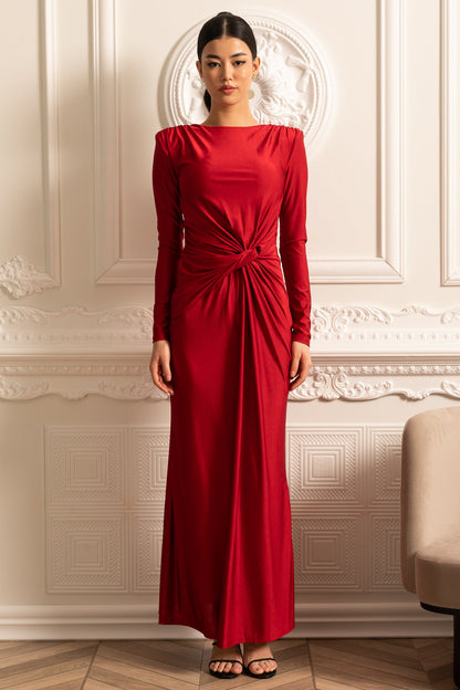 Vestido de Cetim com Mangas Longas, Drapê Lateral e Detalhe de Cintura Torcida - Vermelho