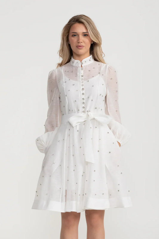 Vestido Elegante Com Mangas Bufantes Longas, Gola Alta E Enfeites Brilhantes - Branco