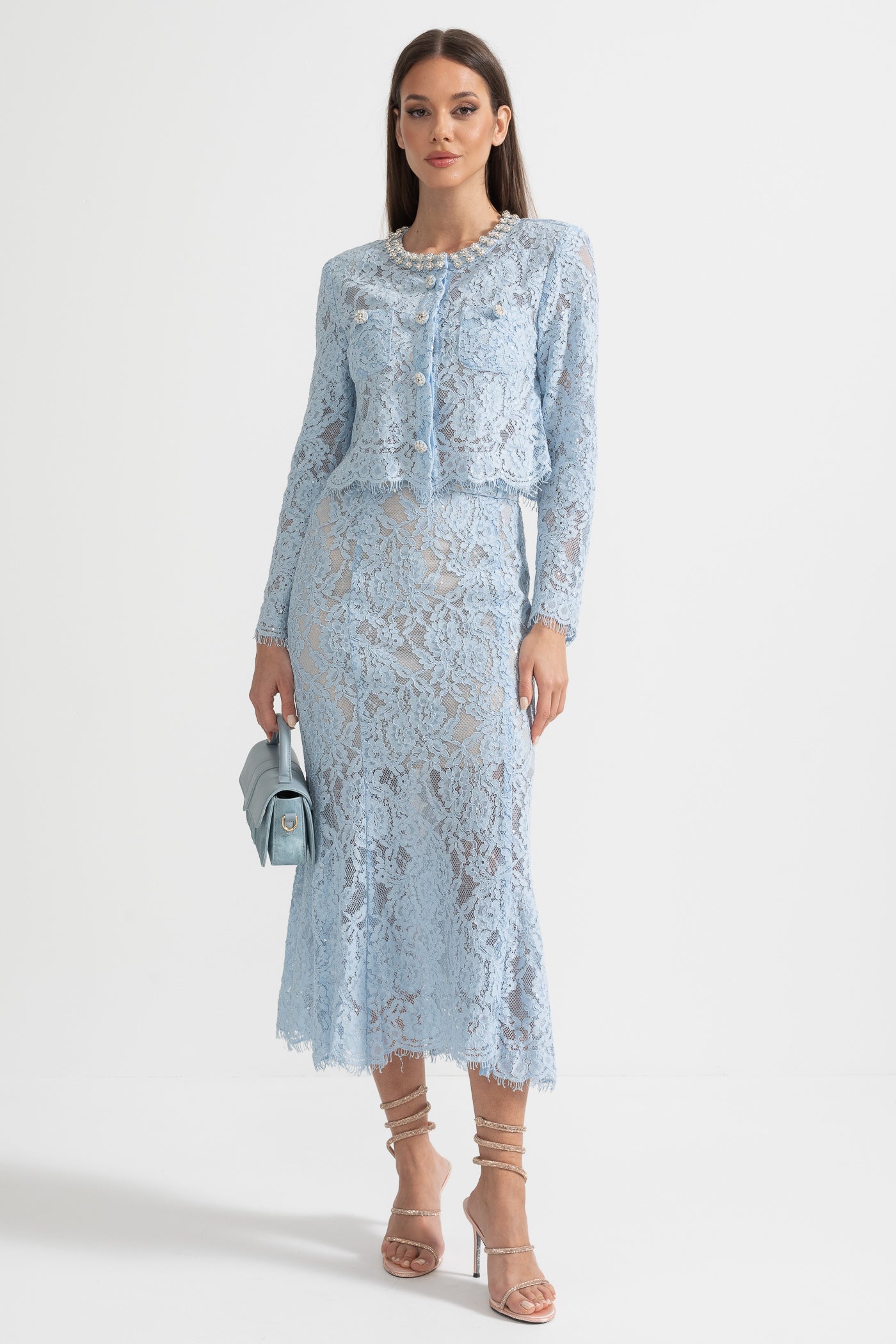 Conjunto de Renda com Detalhes Brilhantes no Decote e Saia Midi - Azul
