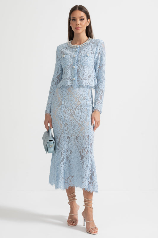 Conjunto de Renda com Detalhes Brilhantes no Decote e Saia Midi - Azul
