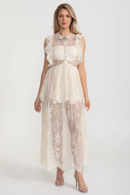Vestido de Renda Elegante Inspirado no Vintage com Detalhes em Renda e Saia em Camadas - Ivoire