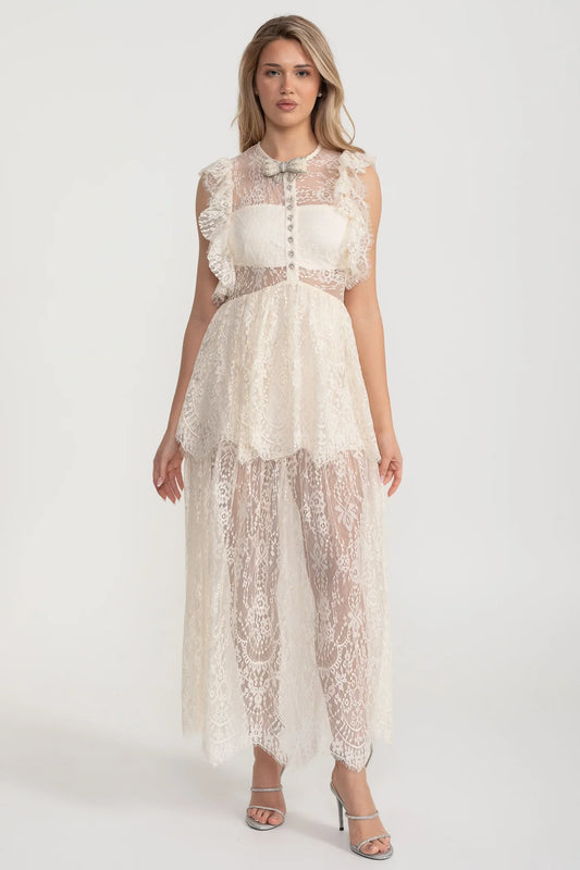 Vestido de Renda Elegante Inspirado no Vintage com Detalhes em Renda e Saia em Camadas - Ivoire