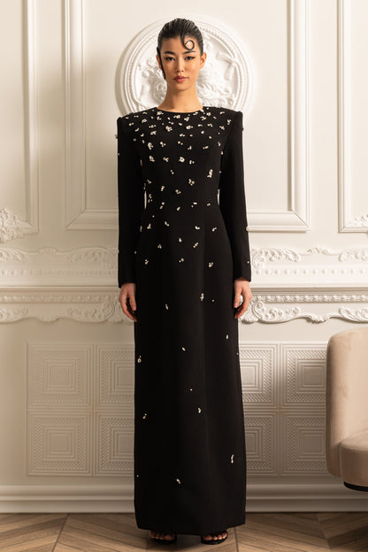 Vestido Longo Elegante Com Aplicações Brilhantes - Preto