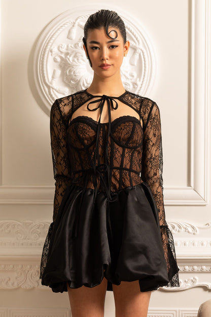 Vestido Mini de Corset em Renda com Decote de Laço - Preto