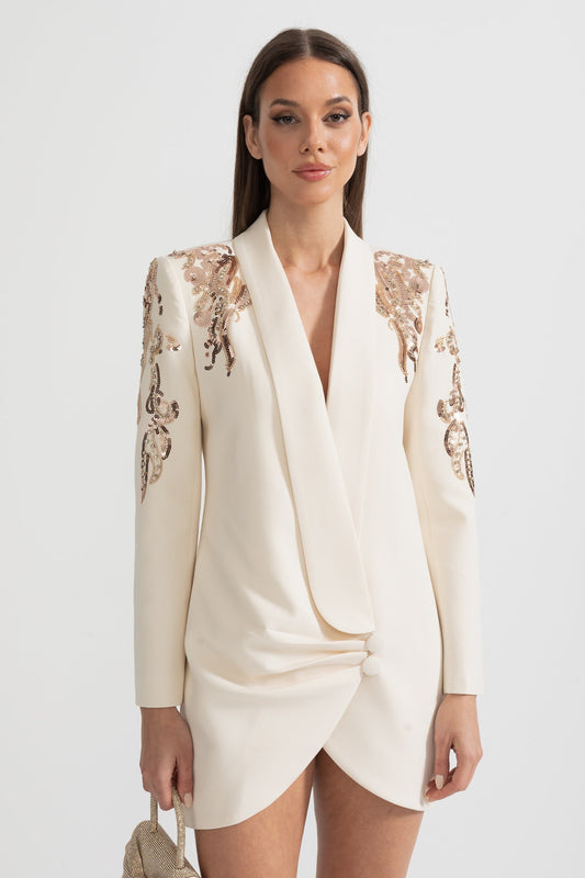 Blazer Drapado Com Bordado Intricado nos Ombros - Ivoire