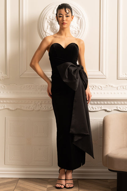 Vestido Elegante Sem Alças Com Laço de Cetim Drapeado - Preto