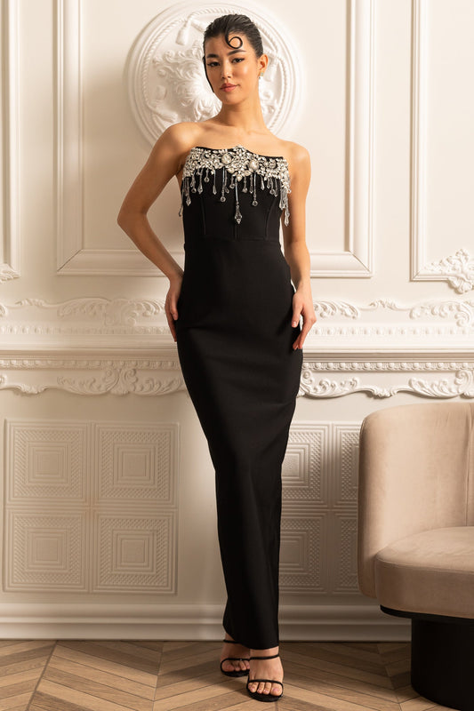 Vestido Elegante Justo com Brilhos Prateados - Preto