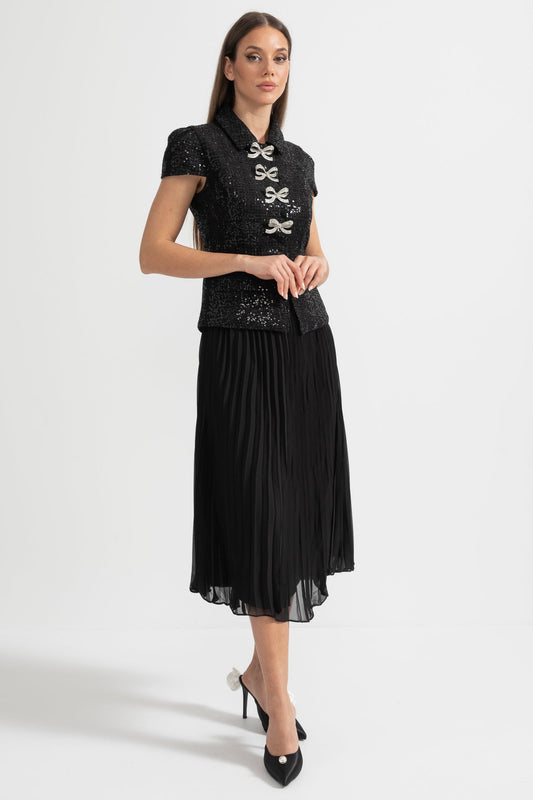 Vestido Elegante Com Top de Lantejoulas e Saia Plissada - Preto