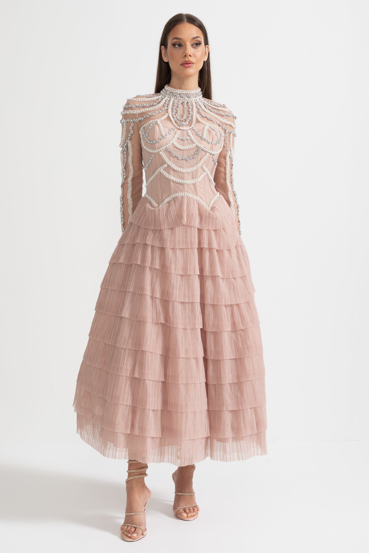 Vestido Elegante de Manga Longa com Saia em Camadas e Rendas Intricadas - Rosa