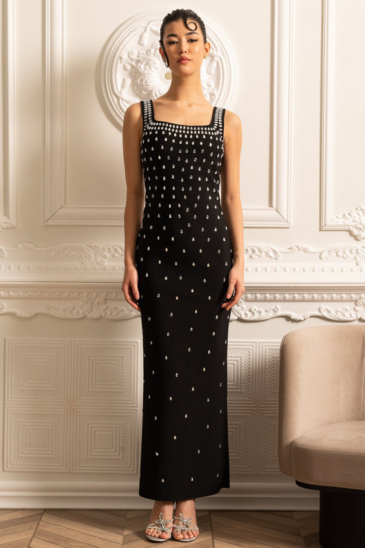 Vestido Justo Com Delicadas Aplicações de Cristal - Preto