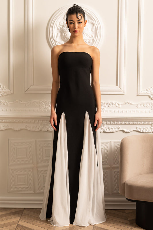 Vestido Elegante com Painéis de Chiffon Contrastantes - Preto