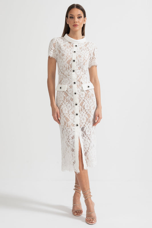 Vestido Elegante de Renda de Manga Curta com Cinto a Condizer - Branco
