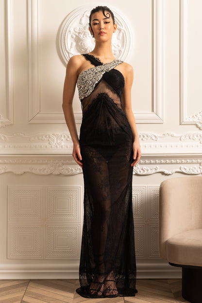 Elegante Vestido de Um Ombro com Recorte em Renda Transparente e Aplicações Brilhantes - Preto