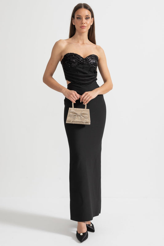 Conjunto de Bustier de Lantejoulas e Saia Maxi com Recortes Laterais - Preto