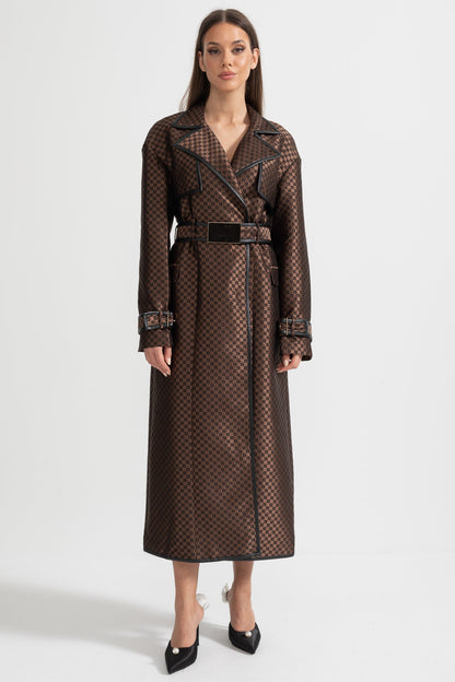 Trench Coat de Lapela Larga com Cinto de Fivela Dourada - Castanho