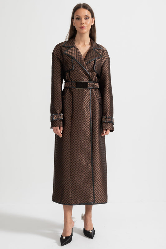 Trench Coat de Lapela Larga com Cinto de Fivela Dourada - Castanho
