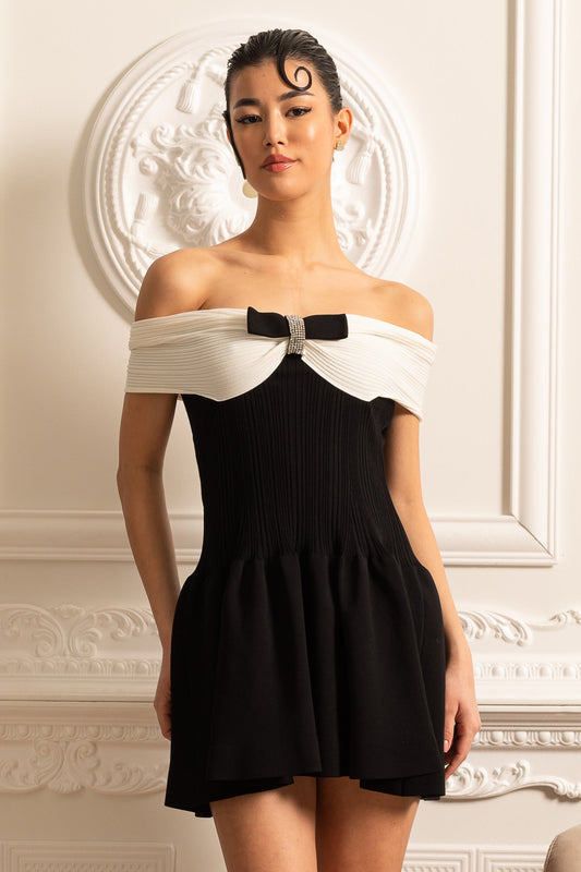 Vestido Mini Elegante Sem Mangas Com Bustier Em Contraste E Laço - Preto