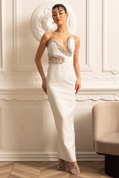 Vestido Elegante Justo Com Cortes Frontais E Apliques Brilhantes - Branco