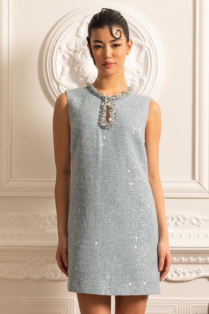 Vestido Mini Texturizado Sem Mangas com Detalhes de Colarinho Brilhante - Azul