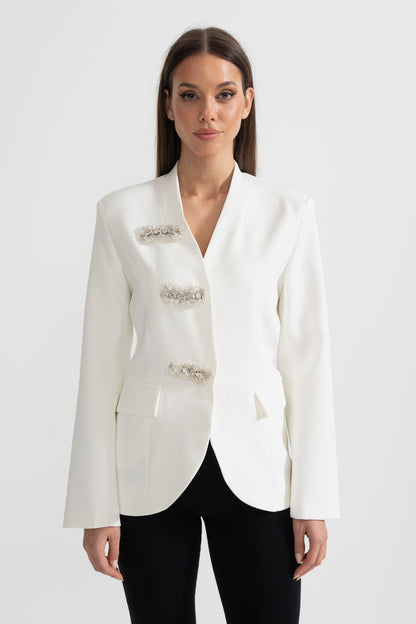 Blazer Sob Medida Com Ombros Estruturados E Fechos Florais Prateados - Branco