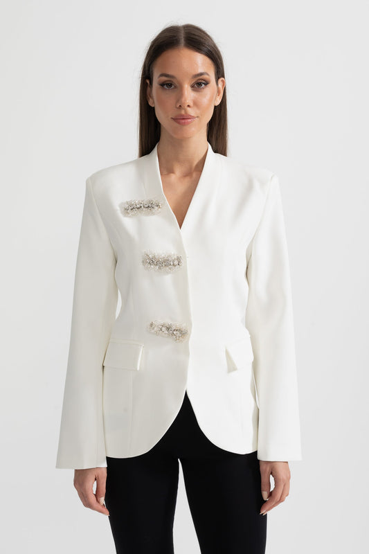 Blazer Sob Medida Com Ombros Estruturados E Fechos Florais Prateados - Branco