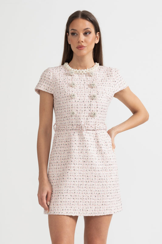Vestido Mini Texturizado Elegante Com Mangas Curtas E Cinto Acondicionado - Rosa