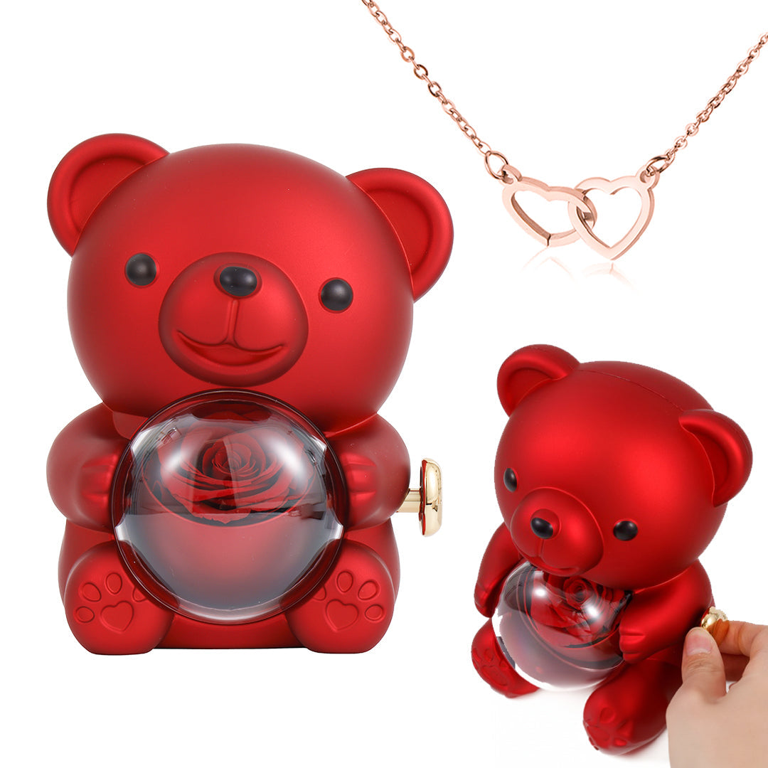 Colar Duplo Coração - Com caixa de presente com ursinho de rosa real