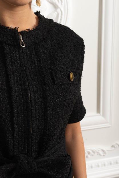 Vestido Mini Bouclé Com Cintura Cinturada E Baixo Plissado - Preto