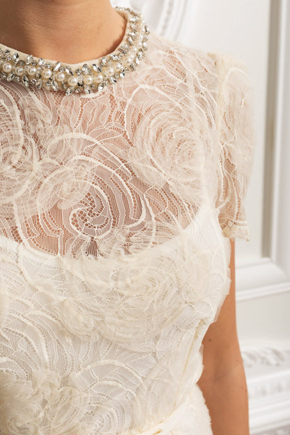 Vestido Midi de Renda com Mangas Curtas e Cinto Delicado - Ivoire
