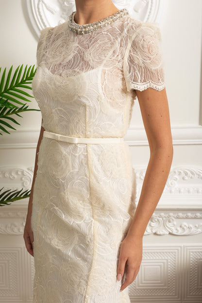 Vestido Midi de Renda com Mangas Curtas e Cinto Delicado - Ivoire