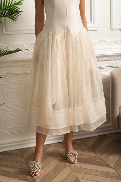 Vestido Midi Sem Mangas com Saia de Tule e Gola Decorada com Pérolas - Ivoire