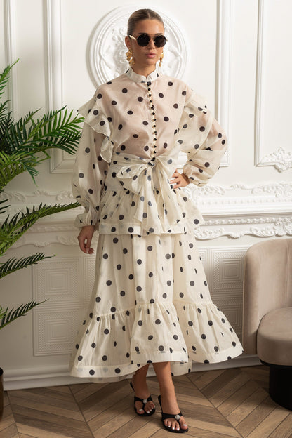Vestido Maxi de Poás com Mangas Volumosas e Laço Statement na Cintura - Ivoire