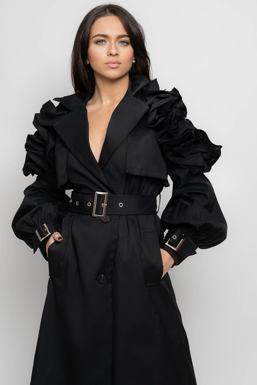 Casaco Trench com Babados - Preto