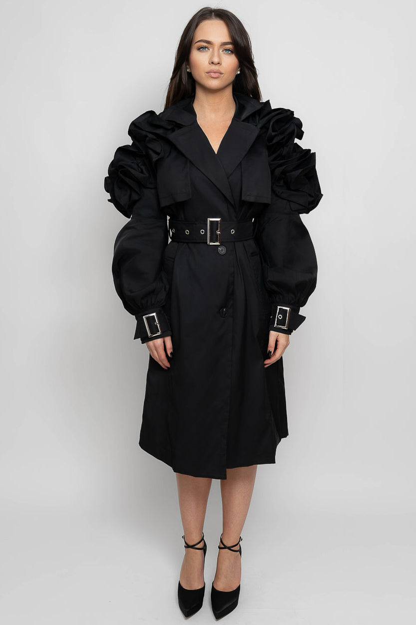 Casaco Trench com Babados - Preto
