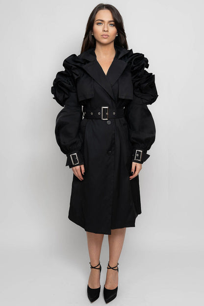 Casaco Trench com Babados - Preto