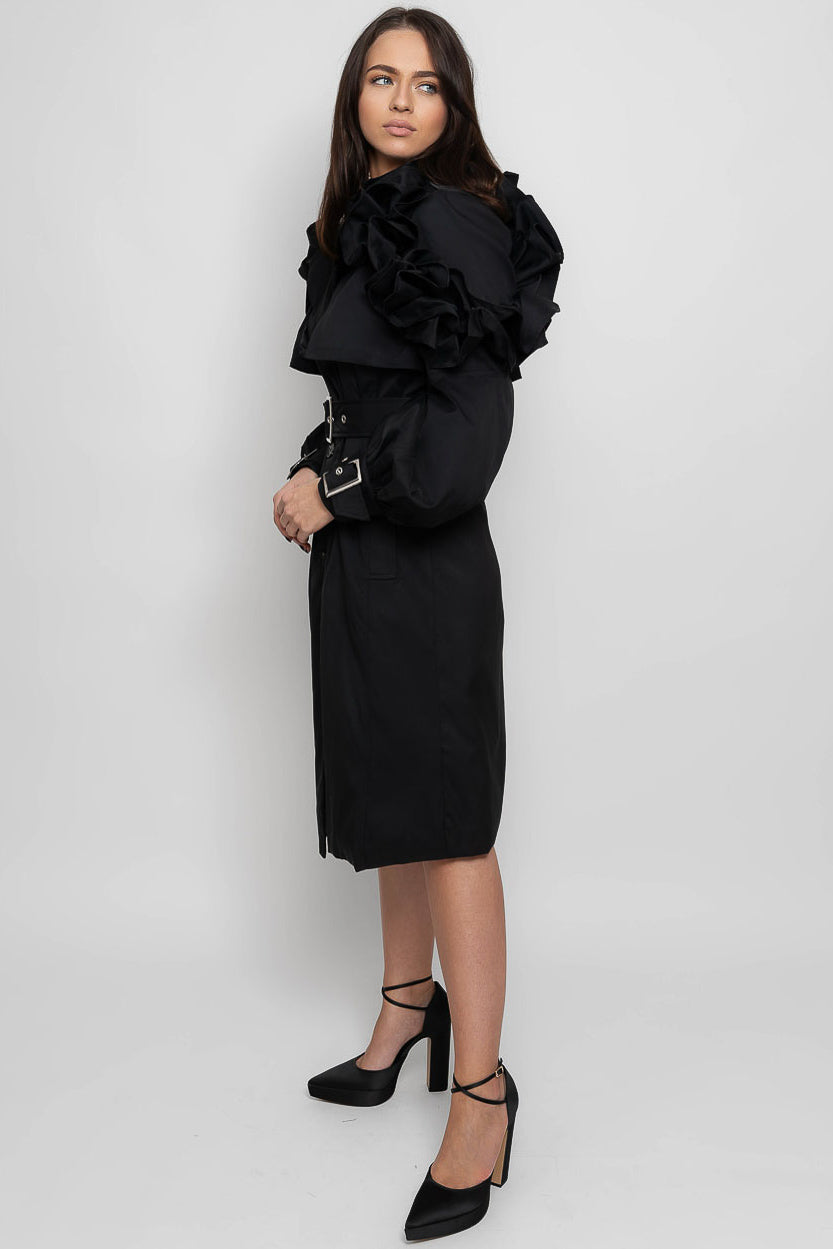 Casaco Trench com Babados - Preto